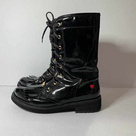 Love Moschino black patent leather Combat Boots red Heart fringe